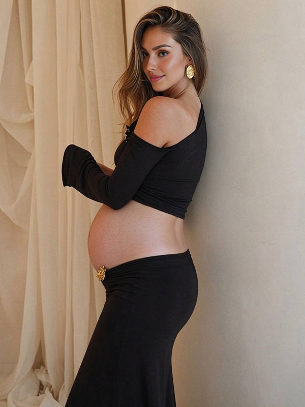 Black One-Shoulder Top with Flared Sleeves and Studded Maternity Maxi Skirt