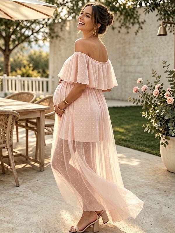 Momyknows Pink Off-Shoulder Slit A-Line Plus Size Maternity Photoshoot Maxi Dress - Pink - 2