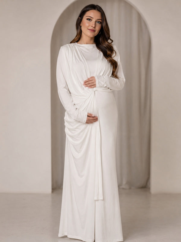 White Ruched Maternity Maxi Dress with Cape and Grenadine Detail and Flattering Fit, Photoshoot Occasion