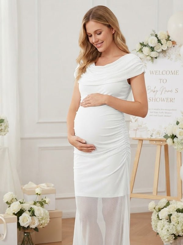 Momyknows Dangling Collar Ruched Zipper Grenadine Maternity Baby Shower Maxi Dress - White - 3