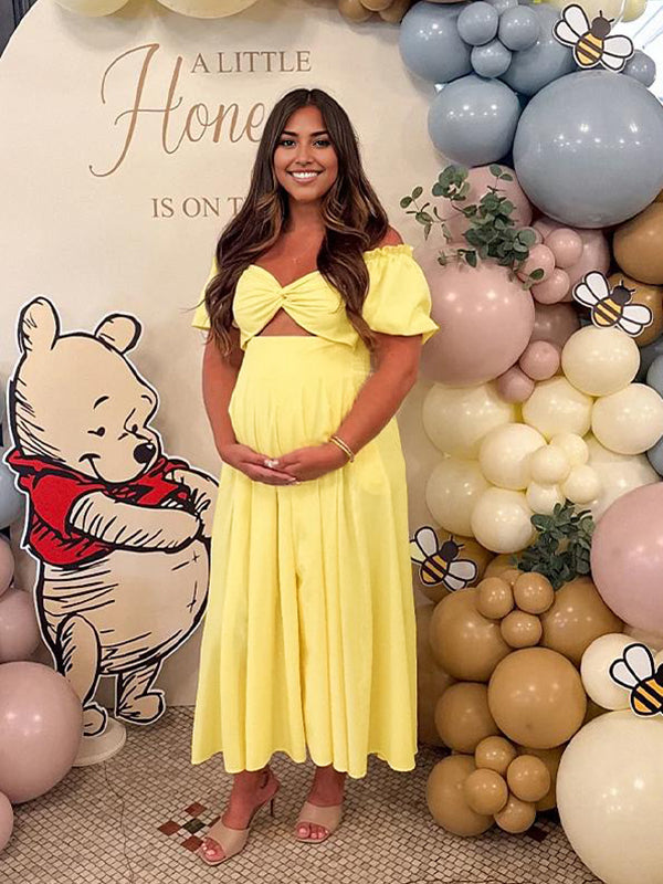 Momyknows Yellow Twist Cut Out Smocked Baby Shower Maternity Maxi Dress