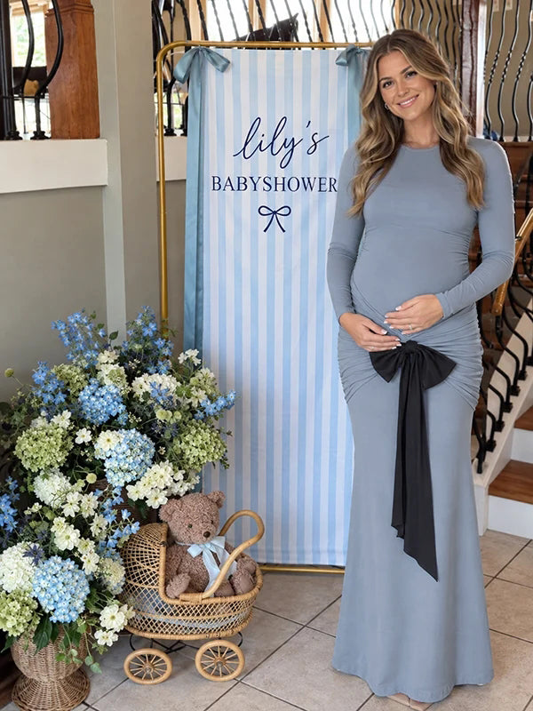 Blue Elegant Bow Baby Shower Maternity Maxi Dress | Momyknows