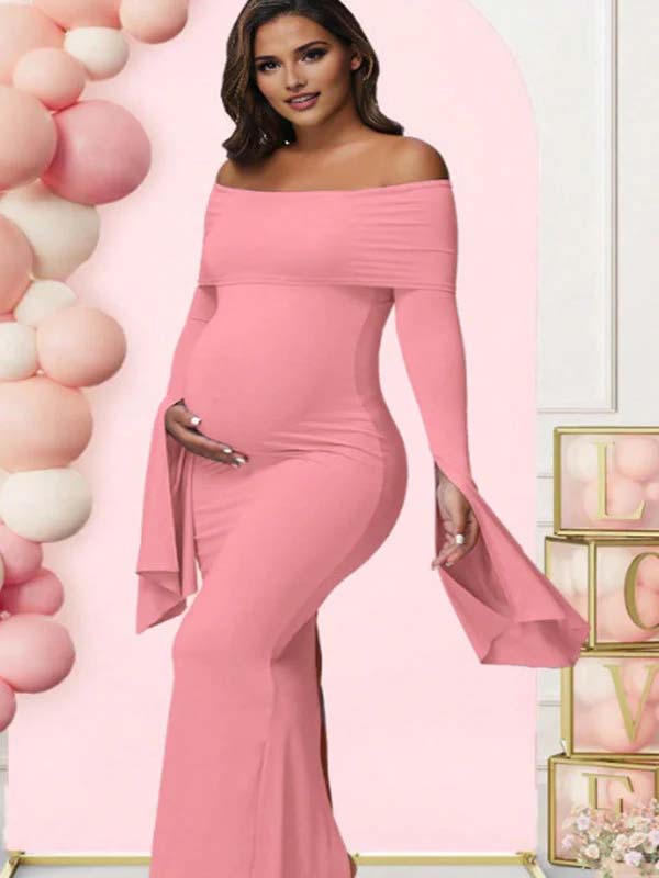 long sleeve maternity dress pink Momyknows Off Shoulder Flutter Sleeve Maternity Baby Shower Maxi Dress Blue / L