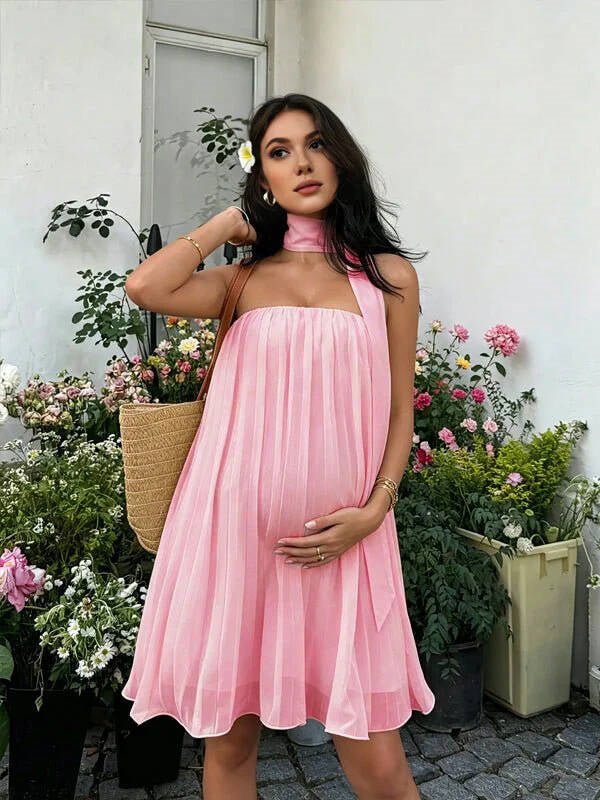 Momyknows Bandeau Wavy Edge Backless Maternity Mini Dress - Pink - 1