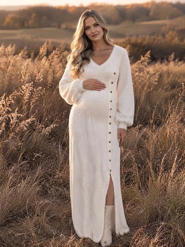 White V Neck Sweater Maternity Maxi Dress with Button Detail and Slit Design and Flattering Silhouette