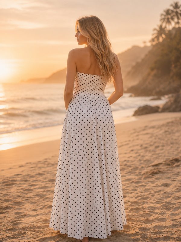 Momyknows Polka Dots Ruched Big Swing Backless Maternity Photoshoot Midi Dress - White - 3