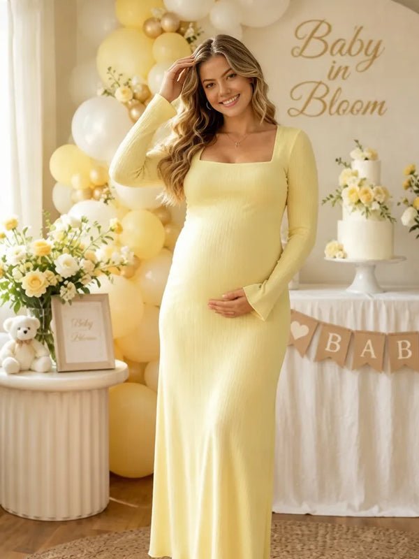 Momyknows Yellow Long Sleeve Lace-up Square Neck Solid Color Maternity Baby Shower Midi Dress - Yellow - 3