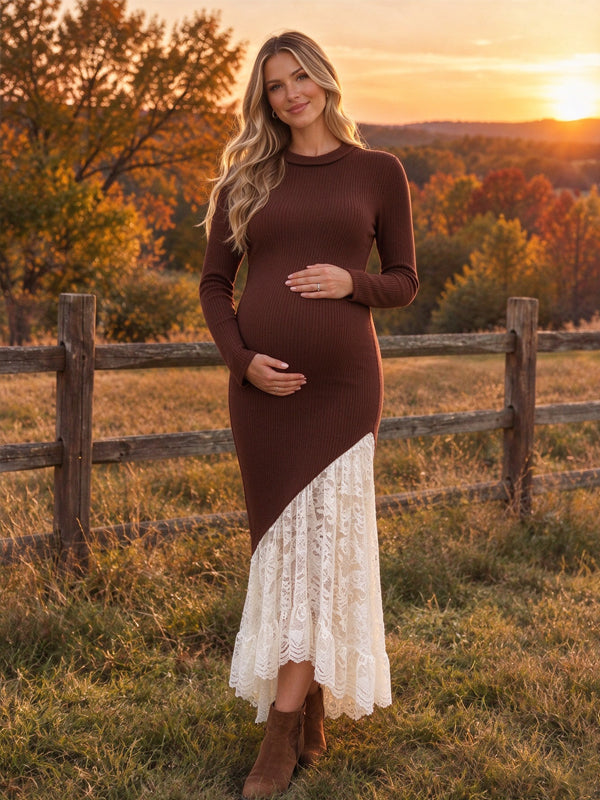 Coffee Maternity Maxi Dress with Knit Lace Design and Flattering Fit, Photoshoot Occasion