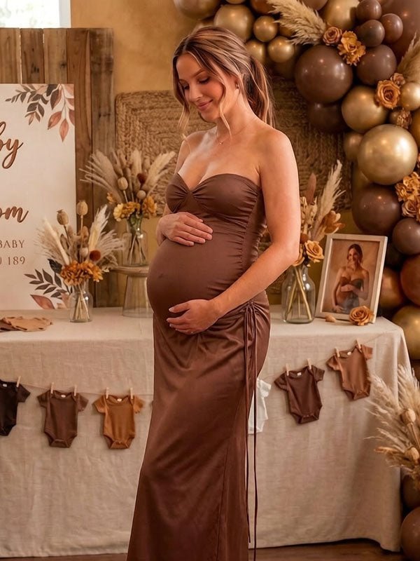 Momyknows Elegant Brown Lace Up Backless Splicing Ruched Baby Shower Maternity Maxi Dress - Brown - 2