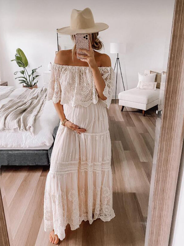 Momyknows White Off Shoulder Lace Tiered Boat Neck Flowy Elegant Maternity Photoshoot Dress White / M Momyknows White Off Shoulder Lace Tiered Boat Neck Flowy Elegant Maternity Photoshoot Dress White / M