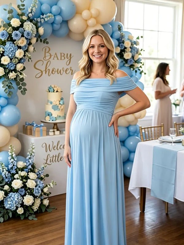 Momyknows Off Shoulder Ruched Pocket Backless Maternity Baby Shower Maxi Dress - Blue - 2
