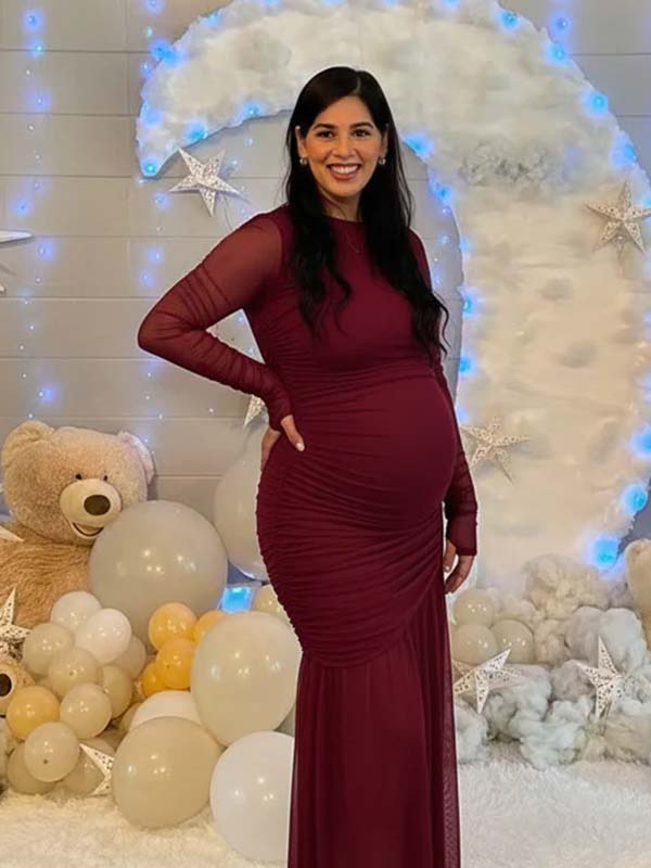 Momyknows Mesh Ruched Mermaid Sheer Maternity Maxi Dress, Champagne / XL