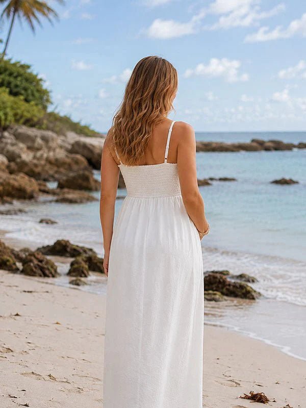 Momyknows Chic White Spaghetti Straps Lace Ruched Photoshoot Maternity Maxi Dress - White - 3