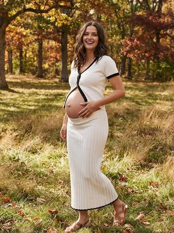 Momyknows Crochet Button Draped Hem Two Piece Maternity Photoshoot Maxi Dress - White - 1