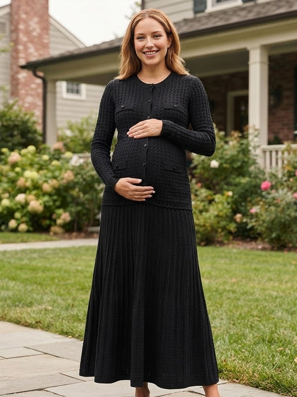 Black Elegantd Maternity Maxi Dress with Crochet Detail and Button Design and Elegant Fit, Photoshoot Style