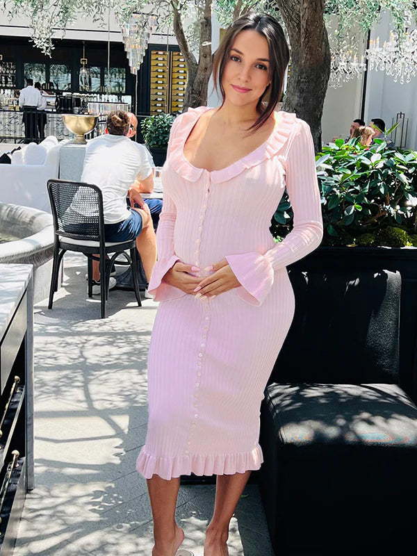 Momyknows Pink Knit Falbala Ruffle Hem Single Breasted Flare Sleeve Bodycon Elegant Hoing Out Maternity Babyshower Maxi Sweater Dress Pink / S Momyknows Pink Knit Falbala Ruffle Hem Single Breasted Flare Sleeve Bodycon Elegant Hoing Out Maternity Babyshower Maxi Sweater Dress Pink / S