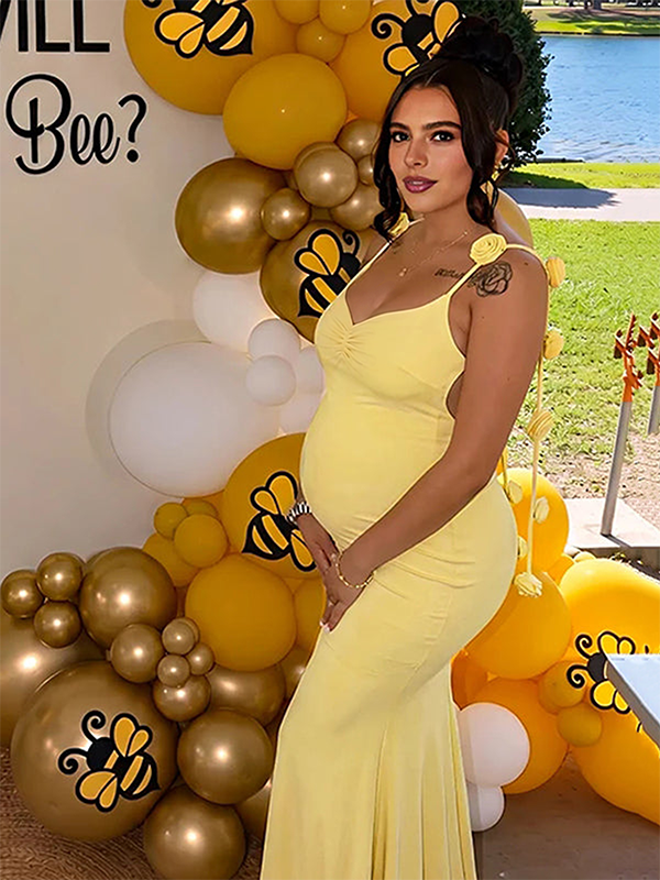 Momyknows Flowers Spaghetti Straps Baby Shower Maternity Maxi Dress, White / M