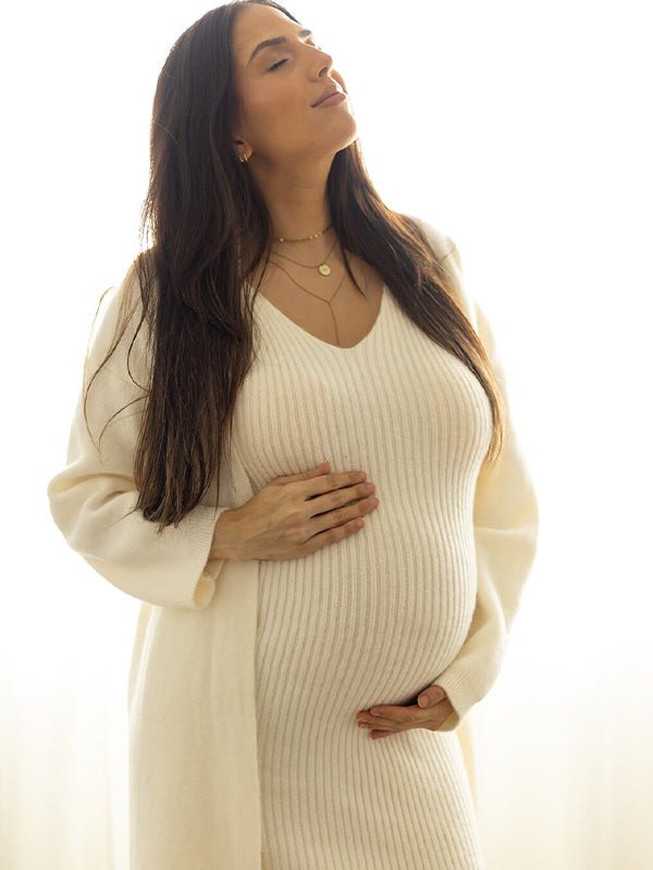 Momyknows White Knitting V-Neck Bodycon Two Pieces Cardigan Elegant Baby Shower Maternity Maxi Sweater Dress