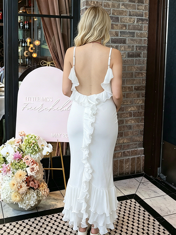 Momyknows White Layered Ruffle Cami Backless Mermaid Bodycon Elegant Baby Shower Maternity Maxi Dress Momyknows White Layered Ruffle Cami Backless Mermaid Bodycon Elegant Baby Shower Maternity Maxi Dress