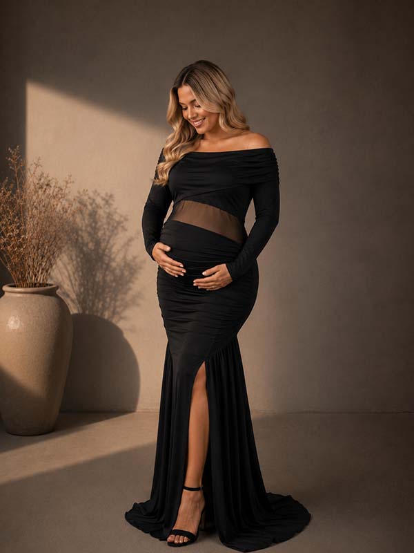 Momyknows Black Ruffle Side Slit Irregular Strapless Sheer Maternity Photoshoot Maxi Dress - Black - 2