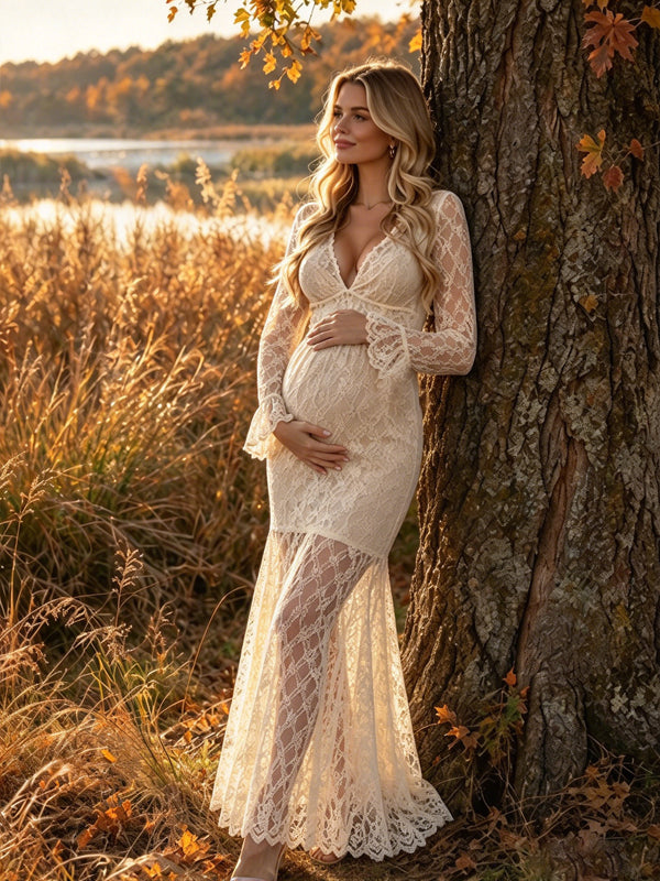 Apricot Lace Photoshoot Maternity Maxi Dress with Flared Sleeves and Graceful Silhouette
