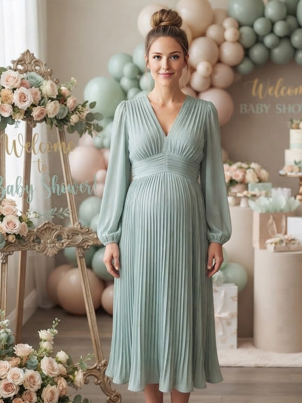 Blue Elegant Ruched Maternity Midi Dress with Deep V Neckline and Flattering Fi