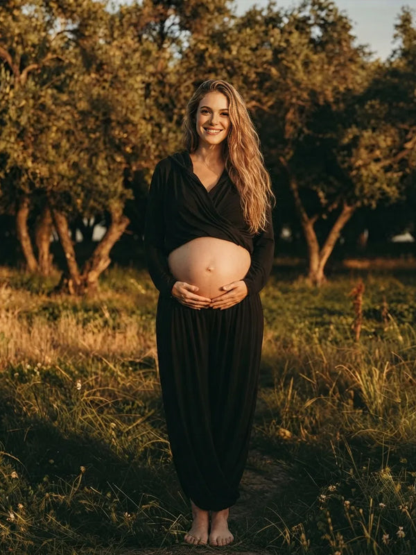 Black 2-in-1 Maternity Dress with Long Sleeves and Hooded Top and Ruffled Hem and Loose Fit, Photoshoot
