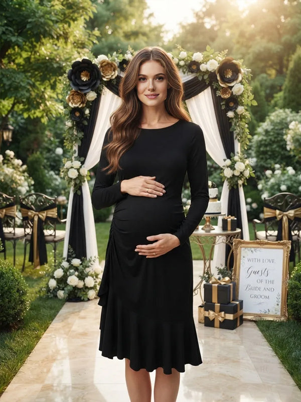 Black Midi Maternity Dress with Asymmetrical Ruffle Design and Form-Fitting Silhouette, Baby Shower