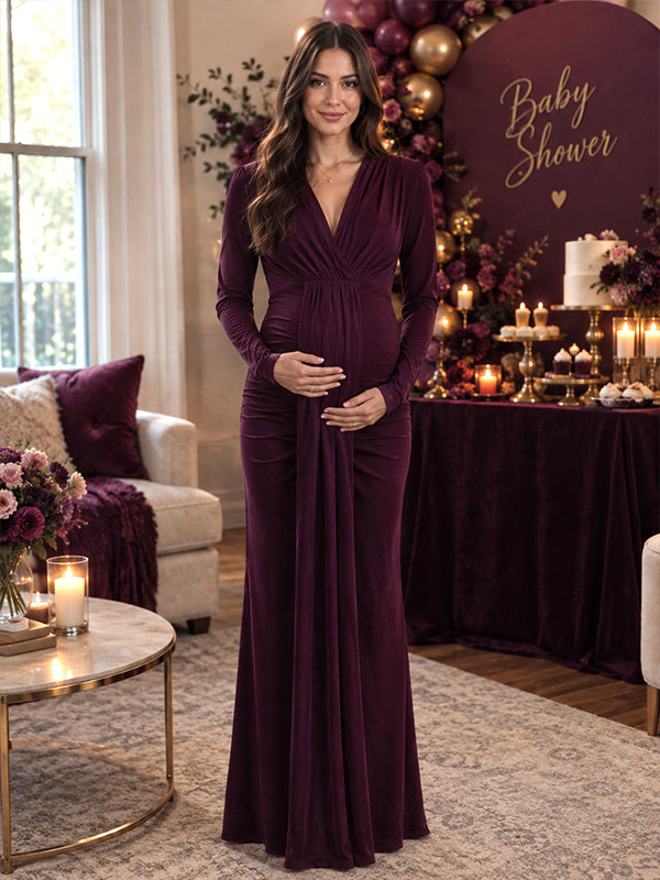 Red Elegant Ruched Maternity Maxi Dress with Ribbon Detail and Flattering Fit, Baby Shower Occasion