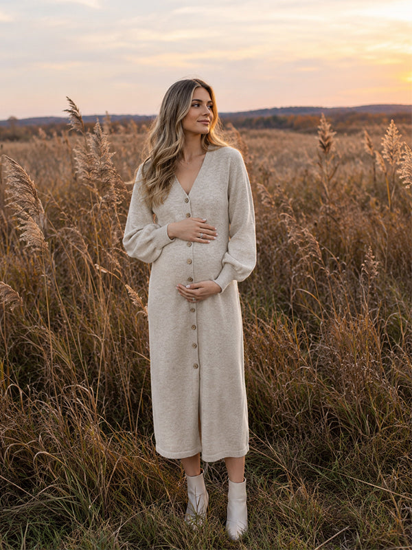 Grey Deep V Neck Sweater Maternity Midi Dress with Crochet Buttons and Flattering Fit, Photoshoot Occasion