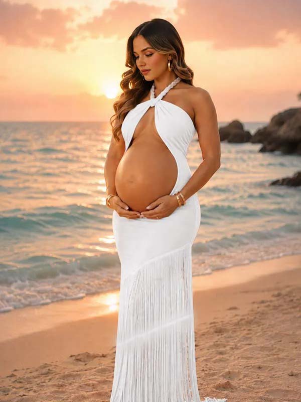 Momyknows Orange Tassel Halter Neck Bandeau Midriff Ruffle Maternity Photoshoot Maxi Dress - Orange - 3