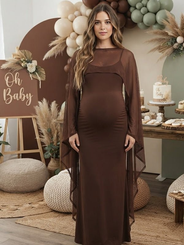 Momyknows Brown Spaghetti Strap Cape Bodycon Maternity Baby Shower Maxi Dress - Brown - 2