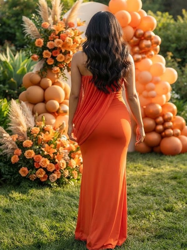 Momyknows Ruched Grenadine Irregular Bodycon Maternity Baby Shower Maxi Dress - Orange - 7
