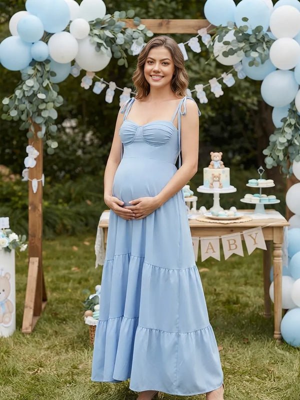Momyknows Spaghetti Strap Backless Falbala Baby Shower Maternity Midi Dress - Blue - 4