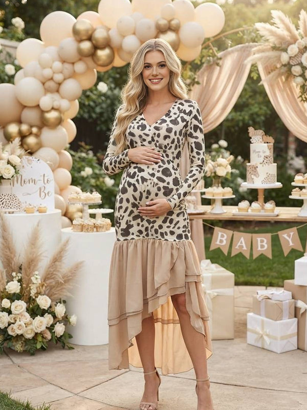 Apricot Print Maternity Dress with V-Neck and Sheer Tulle Details and Asymmetrical Hem, Baby Shower