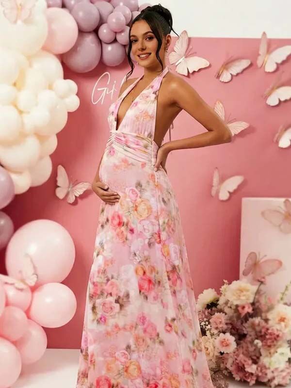 pink maternity photoshoot dress Momyknows Pink Halter Neck Backless Grenadine Maternity Photoshoot Maxi Dress Pink / M
