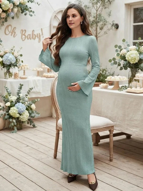 Momyknows Flare Sleeve Crochet Bodycon Mermaid Babyshower Maternity Maxi Dress