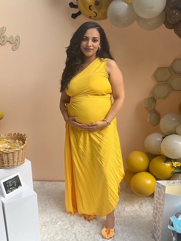 Yellow Pleated Cut Out One Shoulder Maternity Baby Shower Maxi Dress