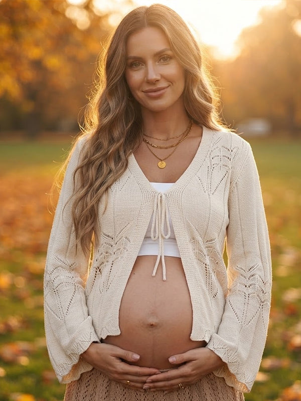 Apricot Crochet Maternity Top with Lace Up Detail and Flare Sleeves and Feminine Fit