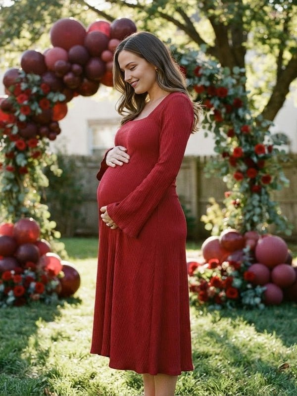 Momyknows Square Neck Lace Up Bodycon Maternity Baby Shower Midi Dress - Red - 2