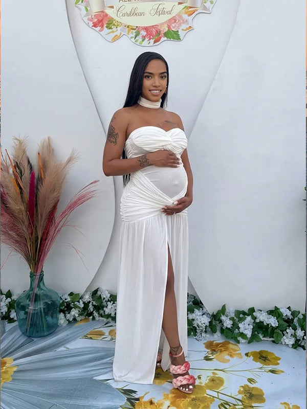 Momyknows White Cascading Ruffle Collarless See-through Baby Shower Maternity Maxi Dress