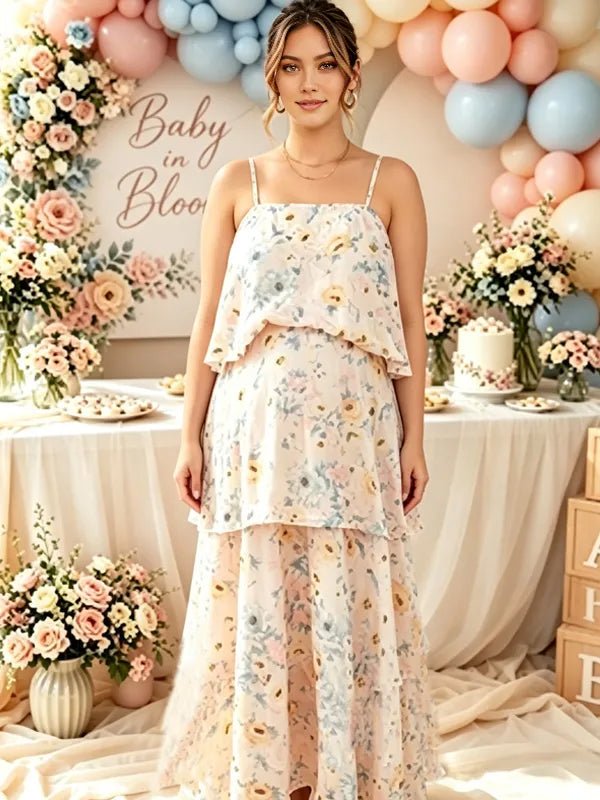 Momyknows Yellow Spaghetti Strap Layers Of Open Back Tiered Skirt Baby Shower Maxi Dress - Yellow - 1