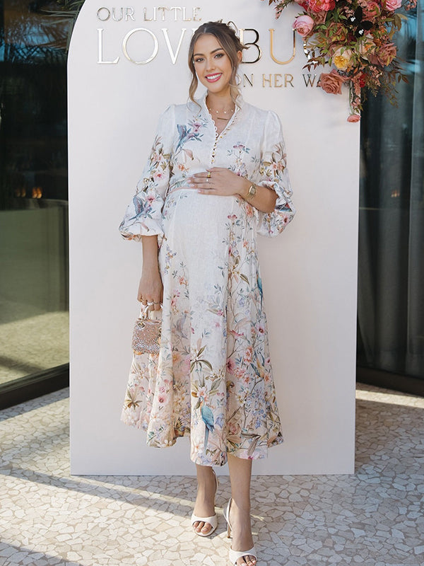 Momyknows White Printed Single Breasted Belt A-line Maternity Maxi Dress