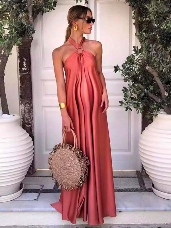 Momyknows Pink Halter Neck Cut Out Backless Flowy Elegant Party Maternity Photoshoot Maxi Dress