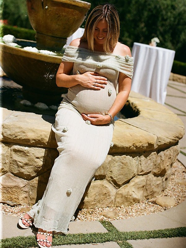Matcha Knit 3D Flowers Off Shoulder Elegant Maternity Maxi Dress
