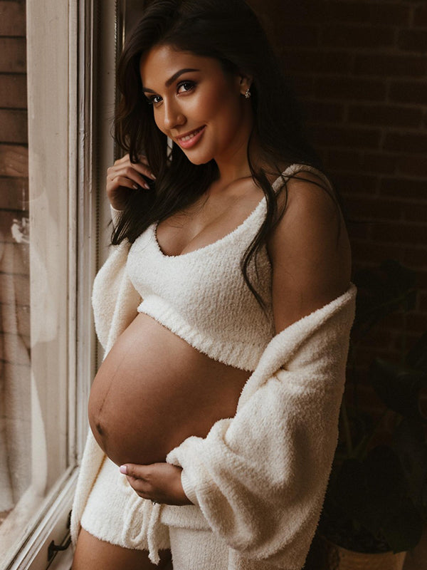 Momyknows Ivory Three-piece Cozy Knit Set Plus Size Crop Top