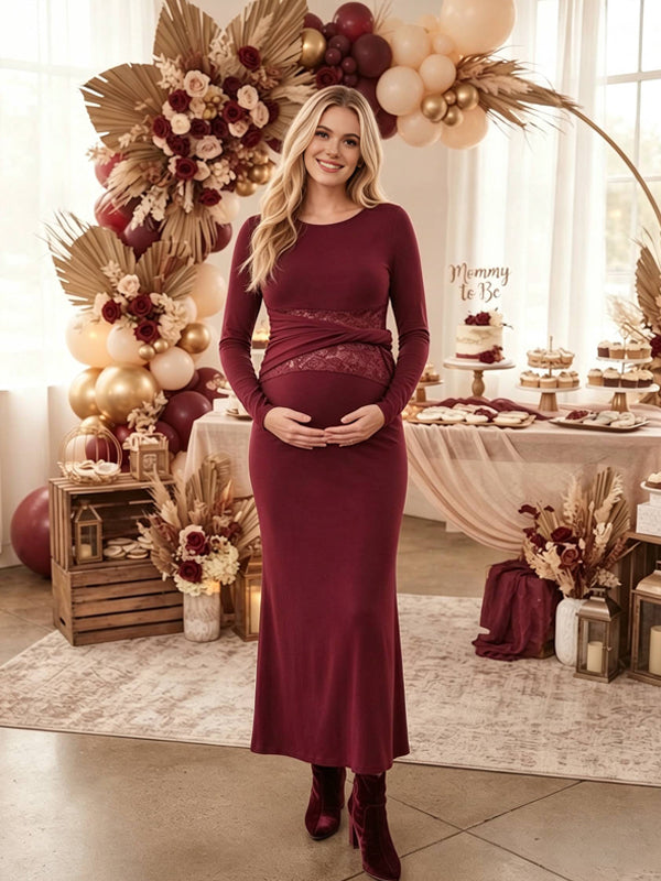 Red Lace Splicing Maternity Maxi Dress with Knot Details and Bodycon Fit, Baby Shower