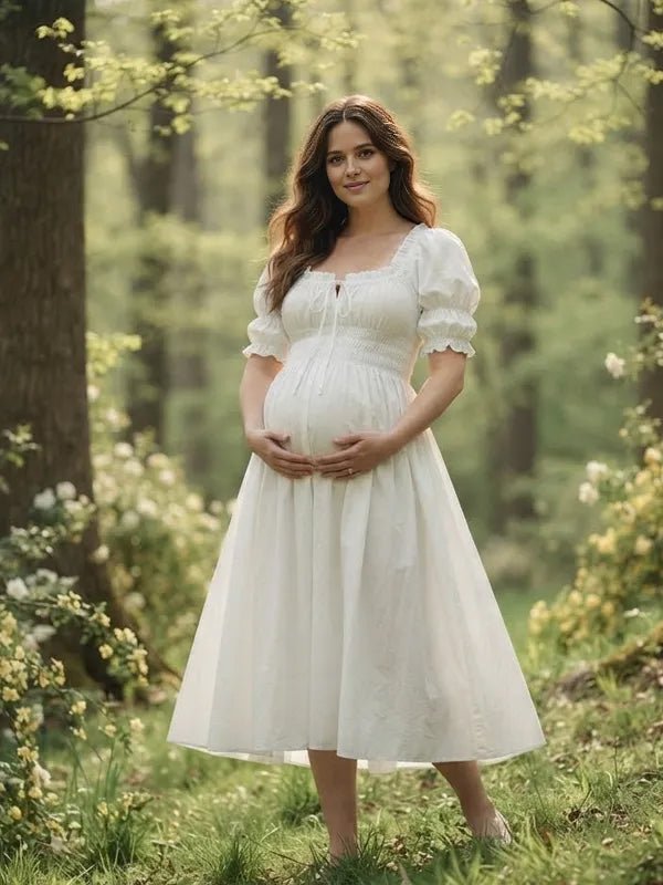 Momyknows Smocked Lace Up Ruffle Puff Sleeve Maternity Photoshoot Midi Dress - White - 2