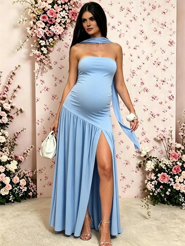 Momyknows Blue Bandeau Side Slit Draped Baby Shower Maternity Maxi Dress - Blue - 1