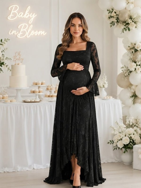 Momyknows Black Lace Print Irregular Flare Sleeve Big Swing Maternity Baby Shower Maxi Dress - Black - 2